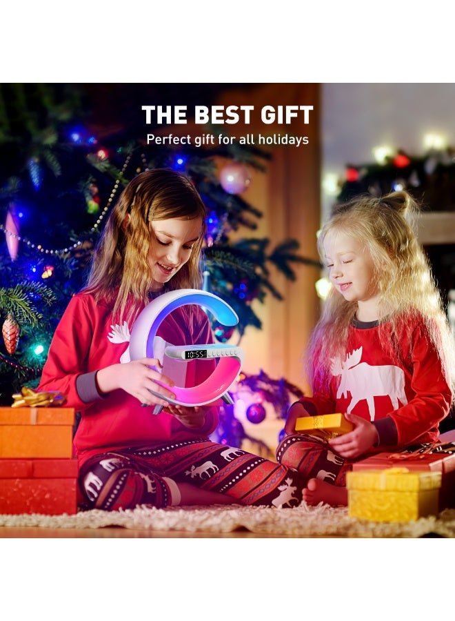 مصباح أجواء RGB على شكل حرف G متعدد الوظائف 4 في 1 مع شاحن لاسلكي سريع 15 واط - ساعة منبه ذكية مع إضاءة شروق الشمس - مكبر صوت بلوتوث محمول مع راديو FM - إضاءة ليلية قابلة للتعتيم يتم التحكم بها عبر تطبيق، مثالية لغرفة النوم والمنزل والمكتب - Image 1